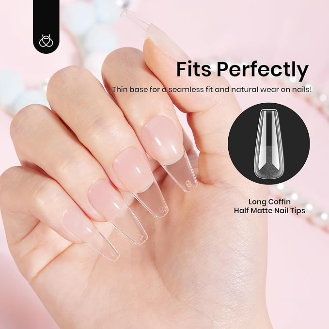 Beetles Coffin Long Gel Nail Tips –Pre-Etched Half Matte Full Cover, 288 Pieces - Image 7