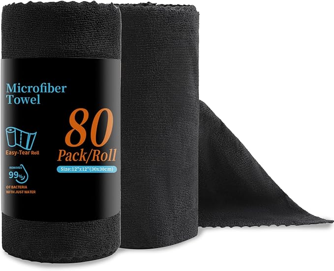 80 Pack Microfiber Cleaning Cloth Roll Reusable Paper Towels 12"x12" Black Tear by JessyHome