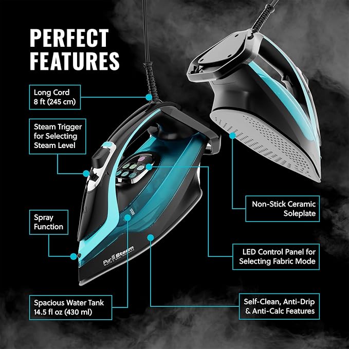 PurSteam SteamTech Elite 1750W Steam Iron, Digital Temp Control & LED Display - Image 7