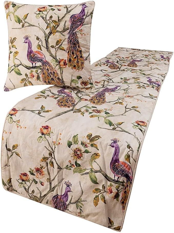 The HomeCentric King Queen Twin Ivory & Multicolor Decorative King 90"x18" Bed Runner Without Pillow Cover, Peacock Bed Scarf on Cotton Printed with Beads Fabric - Peacock Queen
