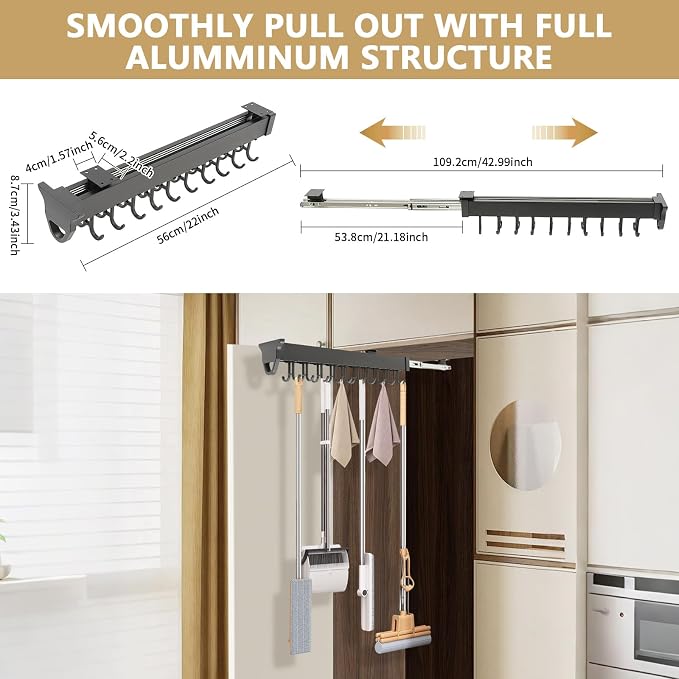 Pull-Out Mop and Broom Holder Slide Broom Closet Organizer Sliding Garage - Image 2