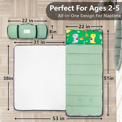 Primlect Lightweight Toddler Nap Mat Perfect for Warm Sleepers, Portable Sleeping Bag with Removable Pillow and Fleece Blanket, Washable, Great for 3 Seasons, Daycare, Preschool, Boy and Girls