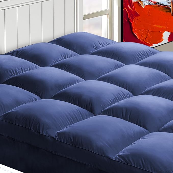 Mattress Topper California King for Back Pain, Extra Thick Mattress Pad Cover, Plush Pillow Top, Deep Elastic Pocket, Navy