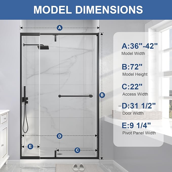 Semi Frameless Pivot Shower Door 36-42" W x 72" H, Swing Shower Glass Doors - Image 3
