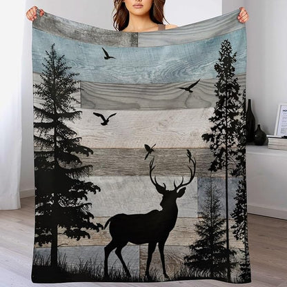 Rustic Deer Throw Blanket, Retro Cabin Farmhouse Country Lodge Blue Brown Wooden Board Wild Forest Animals Deer Bird Print Warm Cozy Blanket for Bed Couch Sofa Travel, 30"x40"