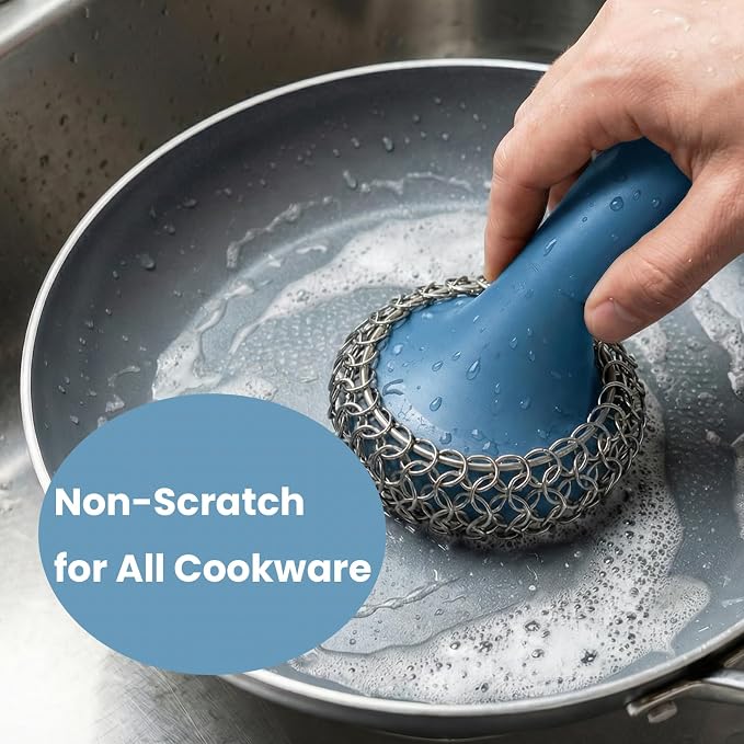 Cast Iron Scrubber with Long Handle | 316 Cast Iron Cleaner Chainmail Scrubber - Image 2