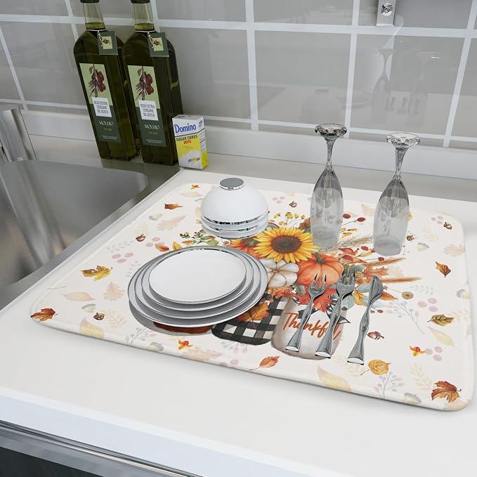 Autumn Pumpkin Dish Drying Mat 18x24 Inch Sunflower Flower Vase Washable - Image 6