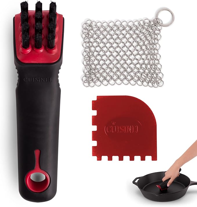 Cuisinel Cast Iron Scrubber Cleaning Brush + Stainless Steel Chainmail + Pan - Image 4