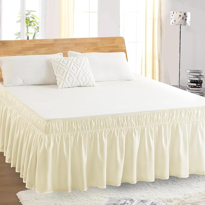 Queen Bed Skirt, Elastic Wrap Around Bed Skirt Queen Size, Bed Skirts for Adjustable Bed, Easy Fit with 18" Drop Length Tailored Drop Dust Ruffle (Light Yellow)