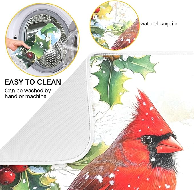 Red Cardinals Holly Bush Christmas Dish Drying Mat - Image 2