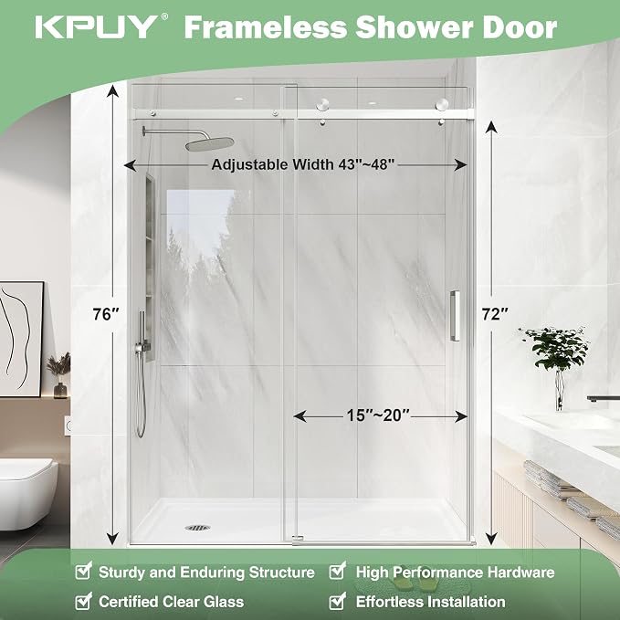 KPUY Frameless Shower Door, 43-48" W x 76" H Sliding Glass Shower Door - Image 6