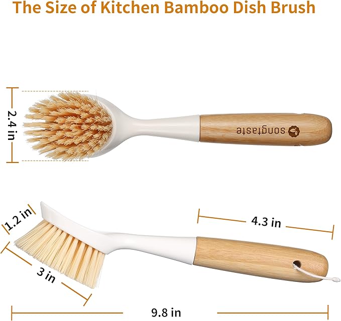 2 Pack Kitchen Dish Brush Bamboo Handle Dish Scrubber Built-in Scraper - Image 6