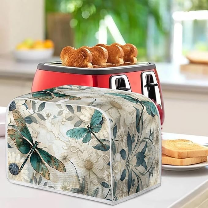 Dragonfly Daisy Toaster Cover 4 Slice Stain Resistant Bakeware Covers，Washable Kitchen Broiler Organizer Bag Fit for Most Standard Toasters, Machine Covers