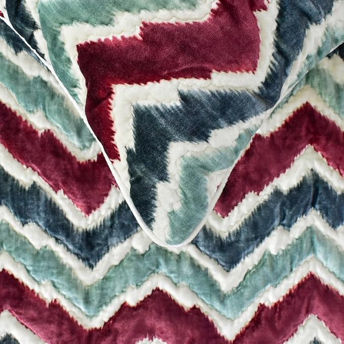 The HomeCentric King/Queen/Twin Red & Blue Designer Queen 74"x18" Bed Runner with Two Pillow Cover, Chevron & Quilted Bed Scarf on Suede Fabric - Chevron Symphony