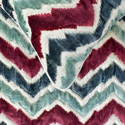The HomeCentric King/Queen/Twin Red & Blue Designer Queen 74"x18" Bed Runner with Two Pillow Cover, Chevron & Quilted Bed Scarf on Suede Fabric - Chevron Symphony