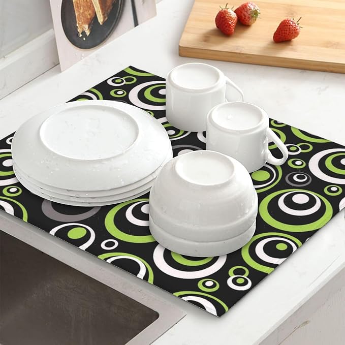 Green Black Gray Geometric Circle Dish Drying Mat - Image 2