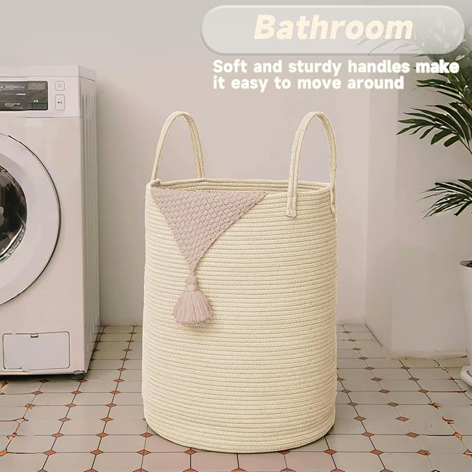 Large Woven Laundry Basket Hamper, 60L Cotton Rope Storage Bin - Image 5