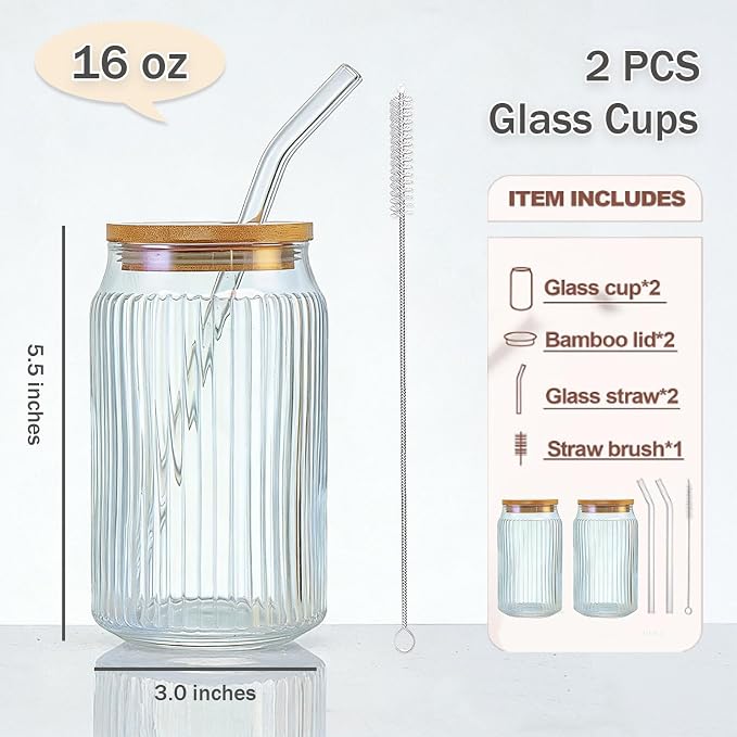 2 PCS Glass cups with Lids and Straws, 16 OZ Iced Coffee Cups, Ribbed Glass - Image 2