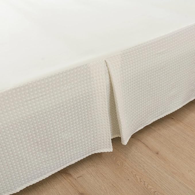 Twin Bed Skirt - 14 Inch Drop with Split Corners, Ivory Pleated Waffle Weave Bed Skirt, Tailored Dust Easy Fit, Machine Washable (14" Twin)