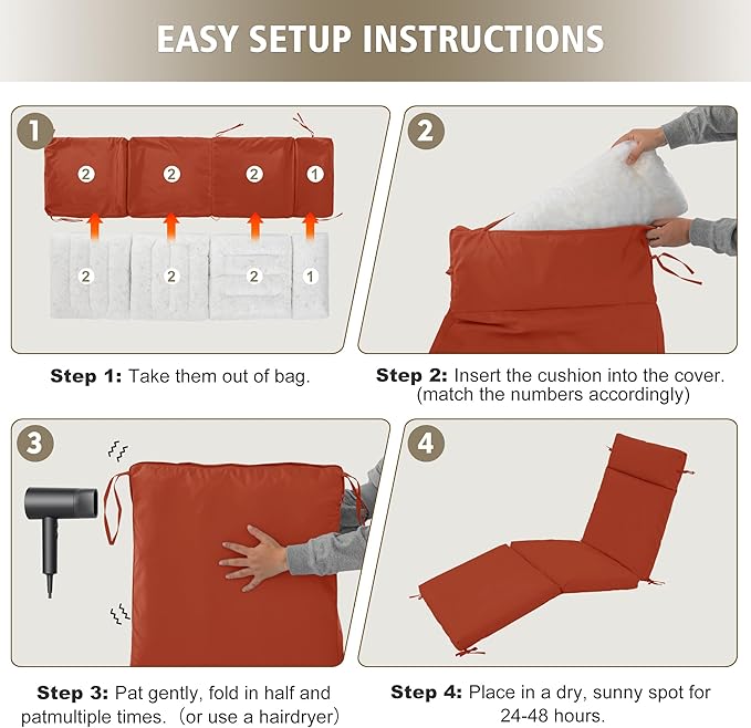 Chaise Lounge Cushion 72x21x3 Inch ?Set of 2 Outdoor Lounge Chair Cushions, Lounger Pad Replacement with Fade-Resistant, Removable & Machine-Washable Covers, Ideal for Patio Chaise Chairs, Rust