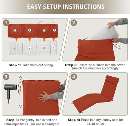 Chaise Lounge Cushion 72x21x3 Inch ?Set of 2 Outdoor Lounge Chair Cushions, Lounger Pad Replacement with Fade-Resistant, Removable & Machine-Washable Covers, Ideal for Patio Chaise Chairs, Rust