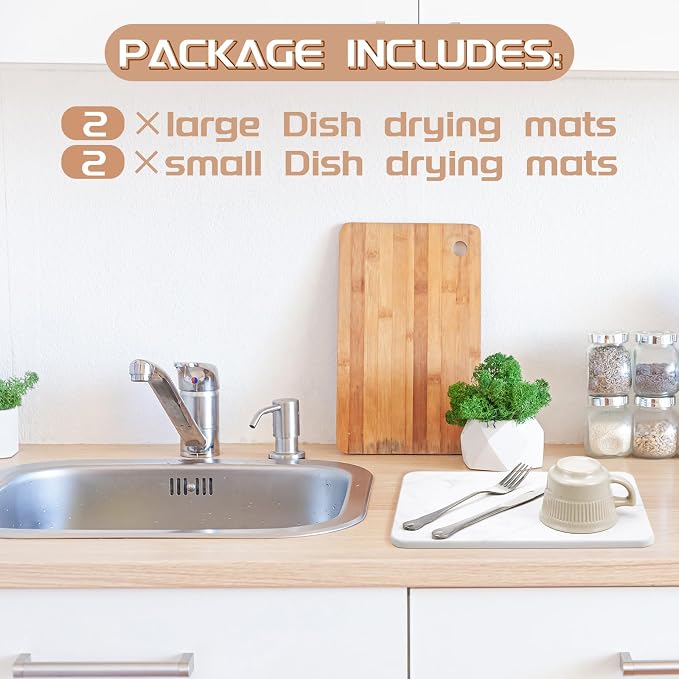 4 Pcs Absorbent Diatomaceous Dish Drying Mat Set White Non Slip 12x8in ＆ 9x3in - Image 3
