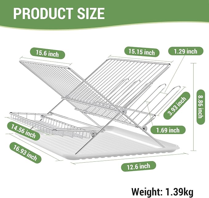 Dish Rack with Drip Tray, Stainless Steel 3-Tier Collapsible Drainer Dish - Image 3