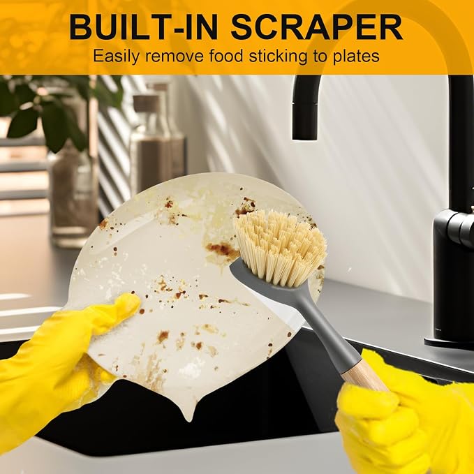 2 Pcs Kitchen Scrub Brush with Bamboo Handle, Dishwashing Brush Built-in Scraper - Image 5