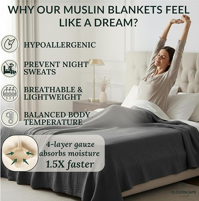 Cloud Scape Linen Oversized 4 Layer Muslin Blanket Queen Size - 100% Cotton, Lightweight & Breathable All Season Gauze, Pre-Washed, fits Full Bed, 92x92, Dark Grey
