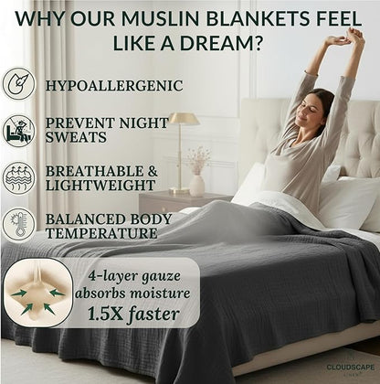 Cloud Scape Linen Oversized 4 Layer Muslin Blanket Queen Size - 100% Cotton, Lightweight & Breathable All Season Gauze, Pre-Washed, fits Full Bed, 92x92, Dark Grey
