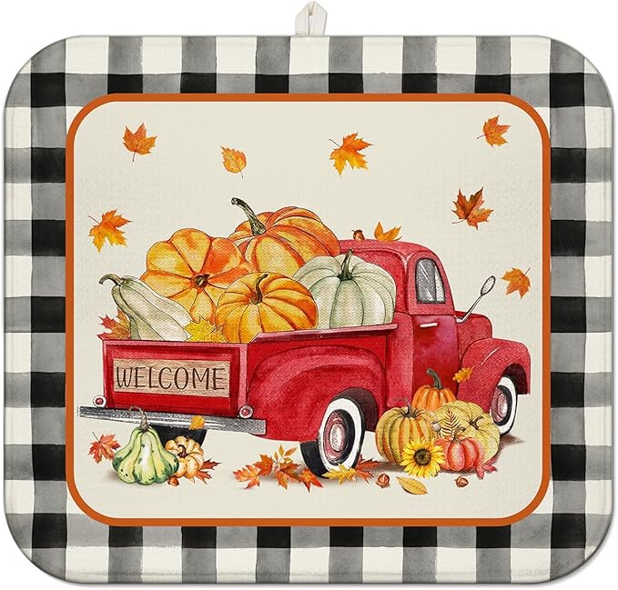 Fall Dish Drying Mat for Kitchen Counter, Autumn Buffalo Plaid Truck Pumpkin by Unknown