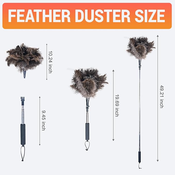 Luxury Black Curved Feather Duster, Extendable Ostrich Feather Cleaning Tool - Image 4