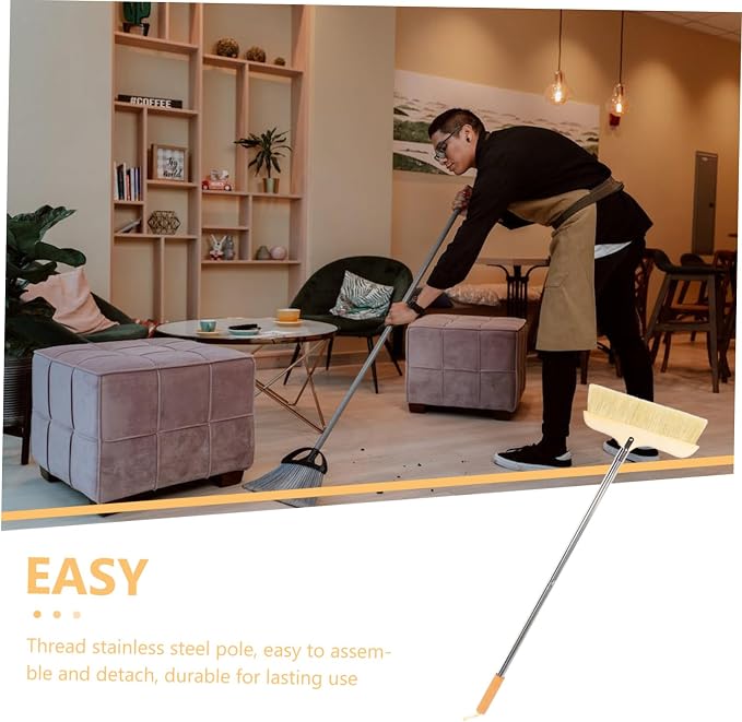 Natural Bristle Broom Soft Floor Brush Stainless Steel Pole Home Cleaning Tool - Image 6