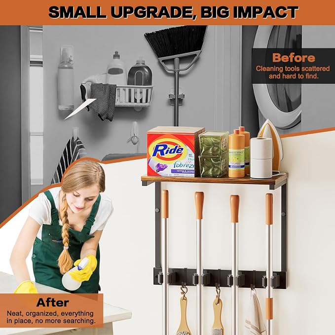 Broom Holder Wall Mount with Cleaning Supplies Organizer, Laundry Room - Image 5