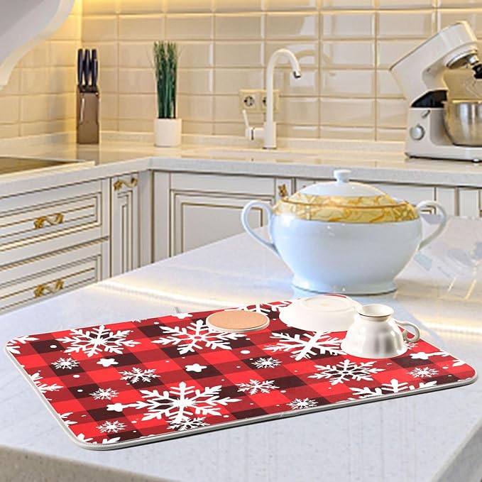 Snowflakes Christmas Checkered Plaid Dish Drying Mat - Image 6