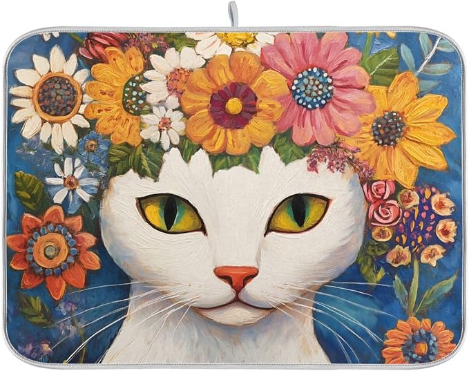 White Cat Colorful Flowers Pattern Dish Drying Mat by OTVEE