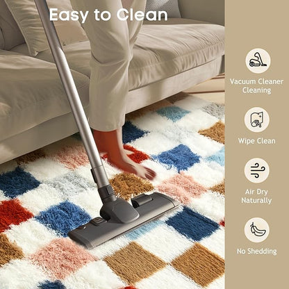 Ophanie Checkered Rainbow Rug for Living Room Bedroom, Colorful Fluffy Soft Cute Fuzzy Area Rugs, Shag Plush Shaggy Bedside Floor 4x6 Furry Carpet for Kids Baby Teen Dorm Nursery Home Decor Aesthetic