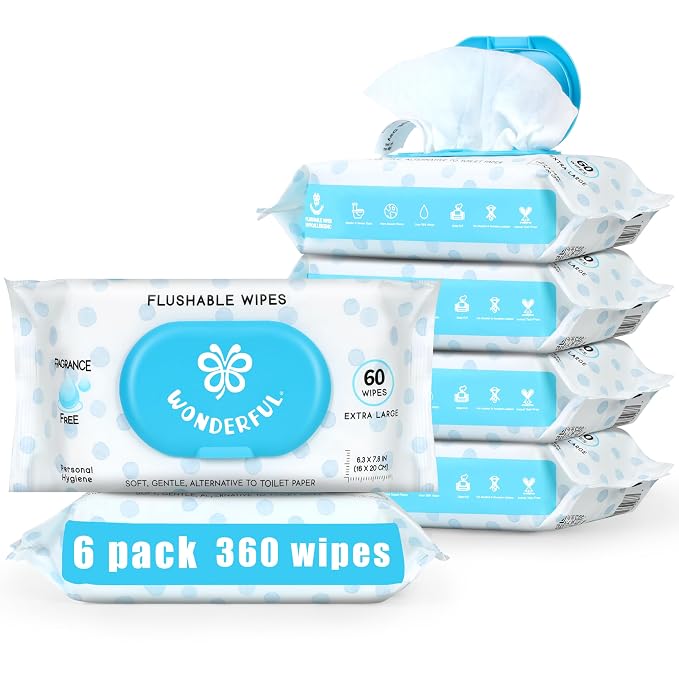 WONDERFUL Flushable Wipes, Unscented 100% Plant-Based Wet Butt Wipe by WONDERFUL-Wipes