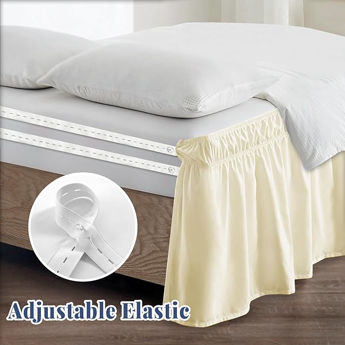 Queen Bed Skirt, Elastic Wrap Around Bed Skirt Queen Size, Bed Skirts for Adjustable Bed, Easy Fit with 18" Drop Length Tailored Drop Dust Ruffle (Light Yellow)