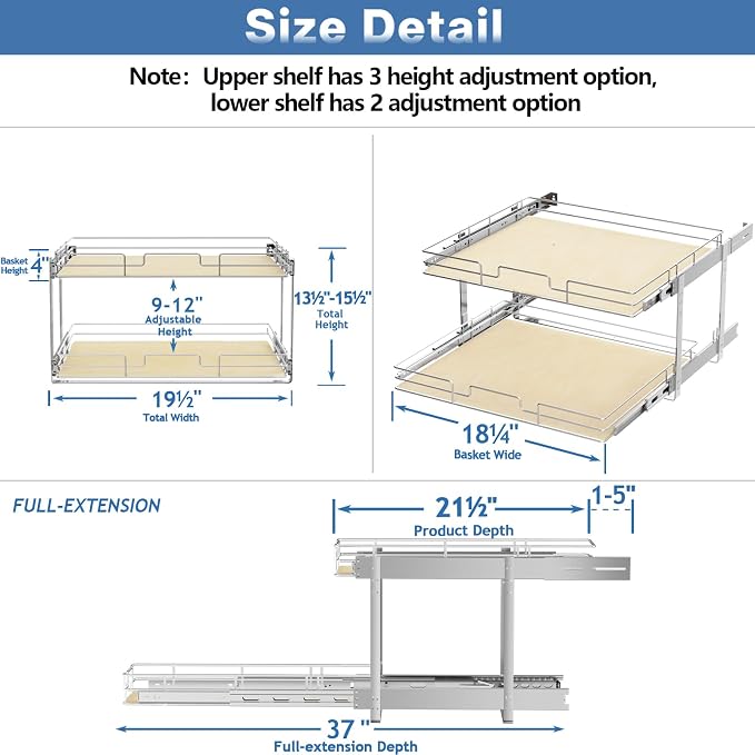 ROOMTEC 2 Tier Individual Pull Out Cabinet Organizer 19½"W x 21½"D, Slide Out - Image 3