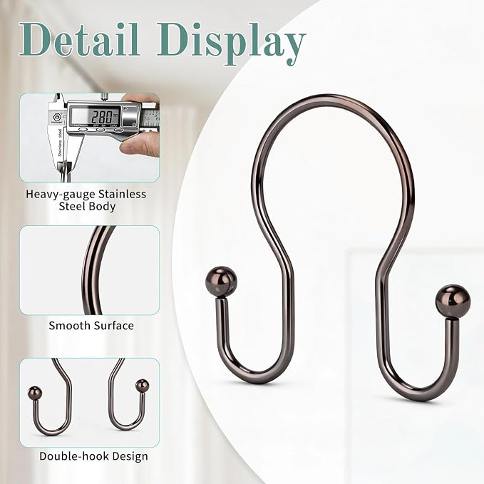 Goowin Shower Curtain Hooks, Stainless Steel Shower Curtain Hangers, Metal - Image 4