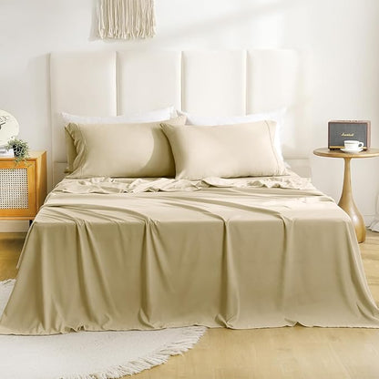 Breathable Cooling Full Sheet Set - Hotel Luxury 4 Piece Deep Pocket Sheets for Full Size Bed, Fits 16" Mattress, Easy Care Wrinkle Free Bedding Sheet and Pillowcase Set, Beige