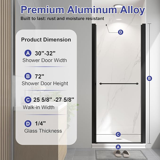 Frameless Pivot Shower Door 30"-32" W x 72" H, - Image 9