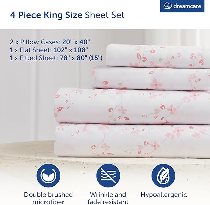 DREAMCARE King Size Sheets - Floral Sheets Bed Set - 4pcs King Sheet - Cooling Bed Sheets - King Size Sheet Sets - Soft & Long Lasting - Floral Blossom