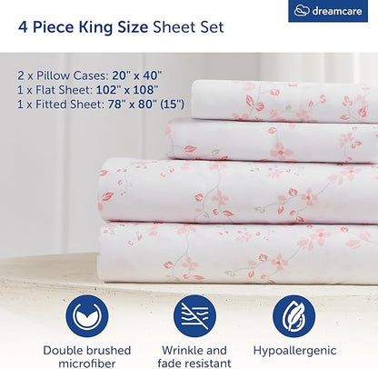 DREAMCARE King Size Sheets - Floral Sheets Bed Set - 4pcs King Sheet - Cooling Bed Sheets - King Size Sheet Sets - Soft & Long Lasting - Floral Blossom