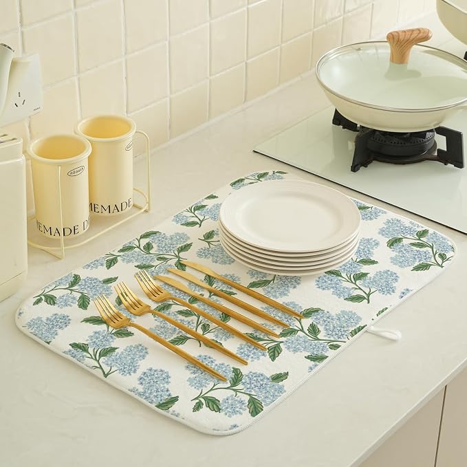 Blue Sage Green Hydrangea Dish Drying Mats 18x24 Inch Floral Mats Spring - Image 3