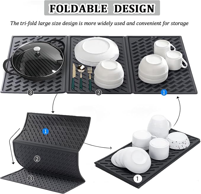 Dish Drying Mat for Kitchen Counter, Collapsible Trifold Large Dish Drainer Mat - Image 3