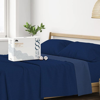 Mayfair Linen 100% Cotton Striped Sheets Split King Size Bed Set - 500 Thread Count Damask Split King Sheets for Adjustable Bed, 5 PC Set (Navy Blue Stripe), Cooling, Sateen 16" Deep Pocket Bedsheet