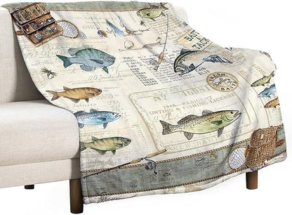 Fishing Blanket Gifts for Men and Kids - Soft Warm Cozy Fleece Throw for Adults - Fish Theme Couch Sofa Bed Cover 40"x50"