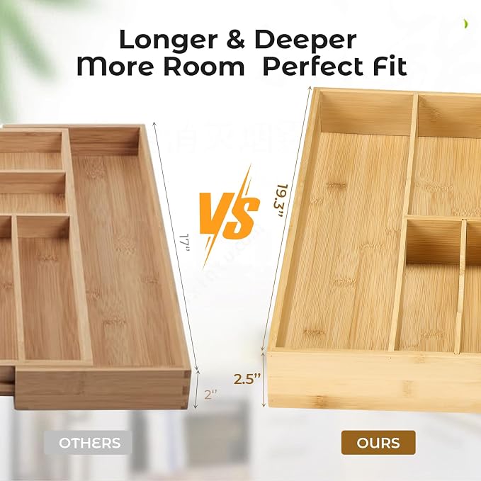 Fabsome Silverware Organizer for Kitchen Drawers, 2.5'' Deep 18.8'' Wide Bamboo - Image 4